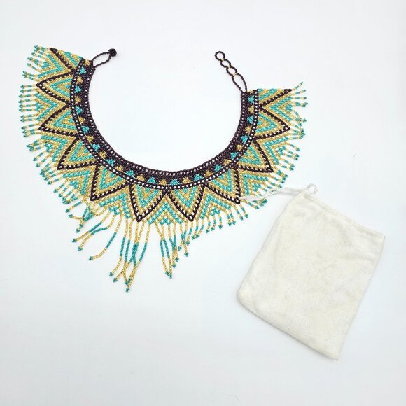 Huichol Beaded Collar Necklace| Handmade Purple, Turquoise & Gold – New from Mex - Picture 5 of 16